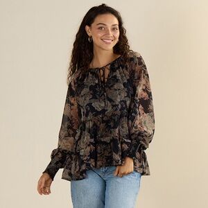 Laurel Grey | Sheer Floral Tiered Blouse - Black with Taupe & Green | XXL
